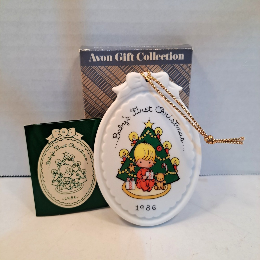 Vintage Avon Baby's First Christmas Hanging Ornament Oval White/Multicolor 1986